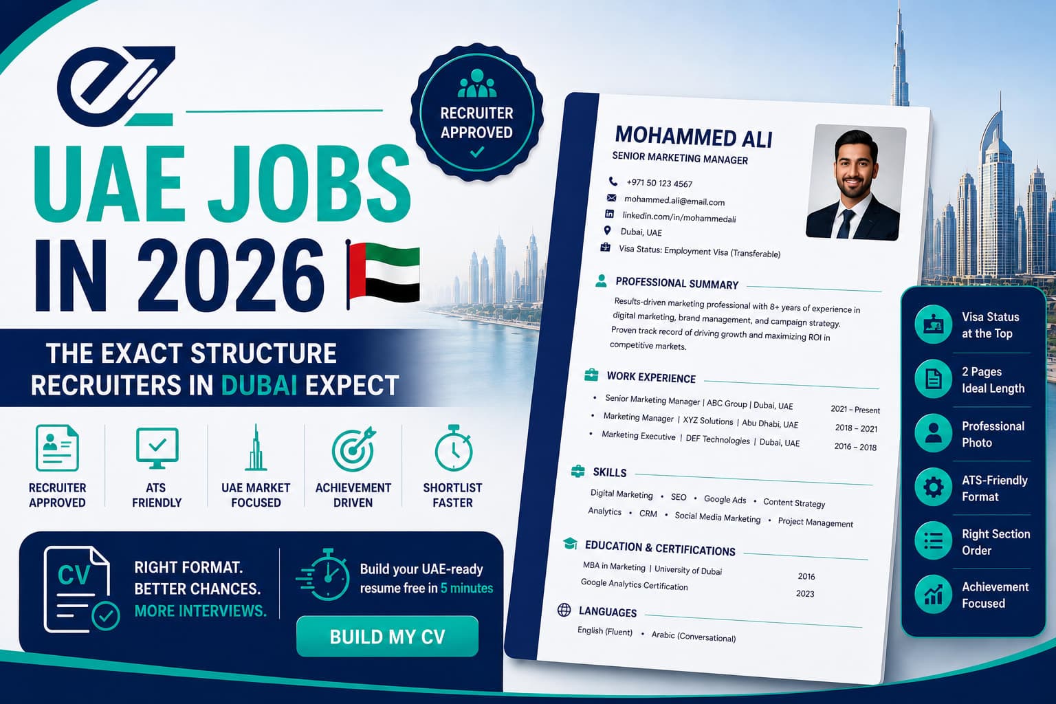 Recruiter-approved resume format for UAE jobs 2026 showing correct section order and layout