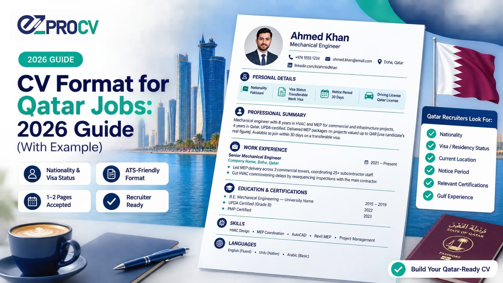 Example CV format for Qatar jobs showing personal details block with nationality and visa status