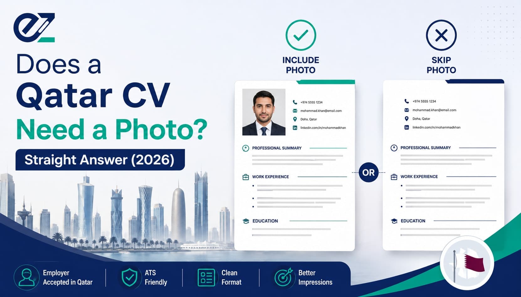 Qatar CV with professional headshot photo placed in the top corner beside personal details