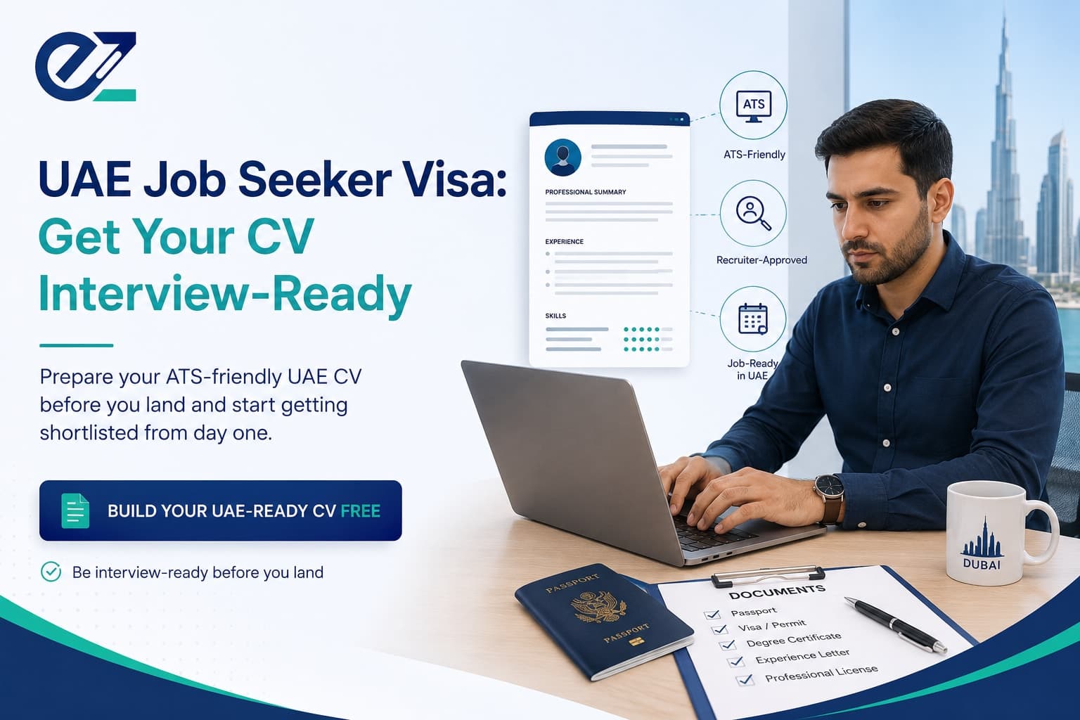 Job seeker preparing a UAE job seeker visa CV on a laptop, ready for interviews