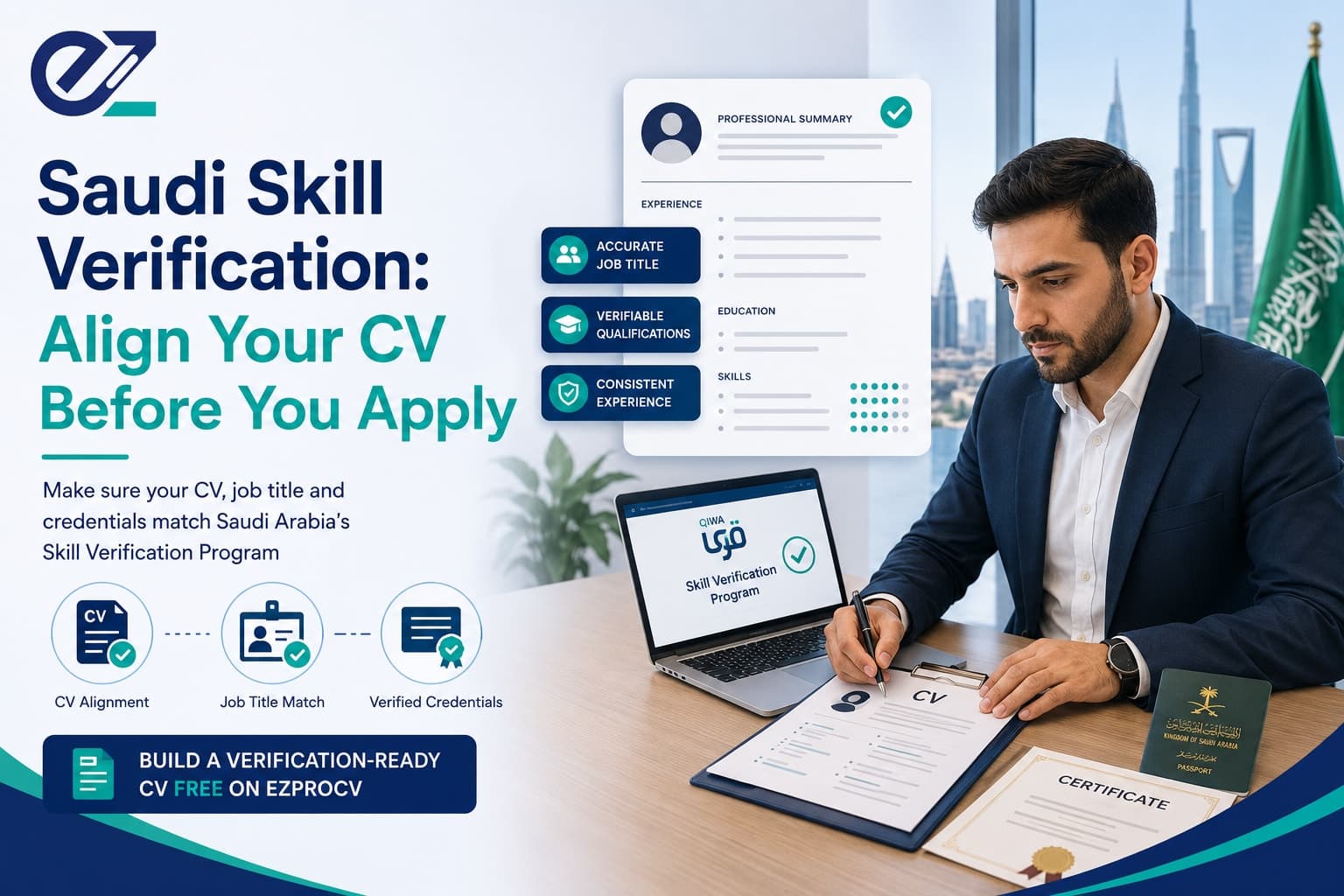 Expat professional aligning a Saudi skill verification program CV with credentials and certificates