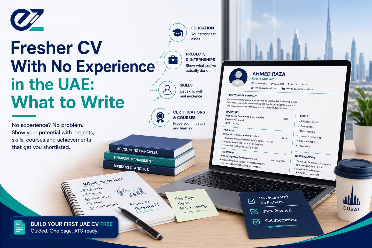 Fresh graduate building a fresher CV with no experience for UAE jobs on a laptop