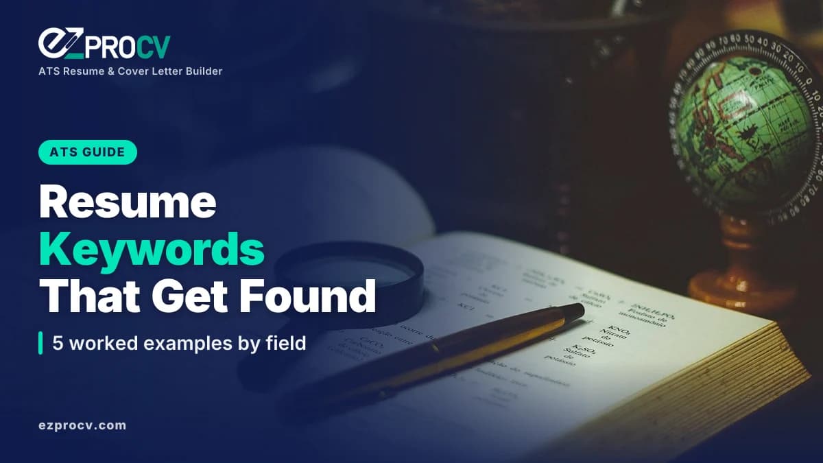Resume Keywords That Get Found: 5 worked examples by field, over a photo of a magnifying glass resting on an open book
