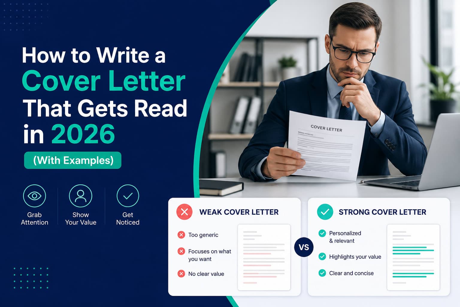 Job seeker writing a cover letter that gets read on a laptop, with a matching resume beside it