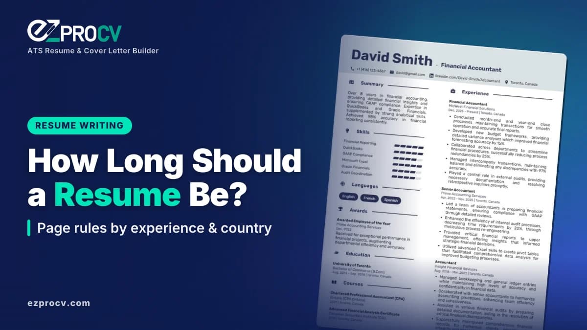 How Long Should a Resume Be?: Page rules by experience & country, over a photo of an EZProCV resume template