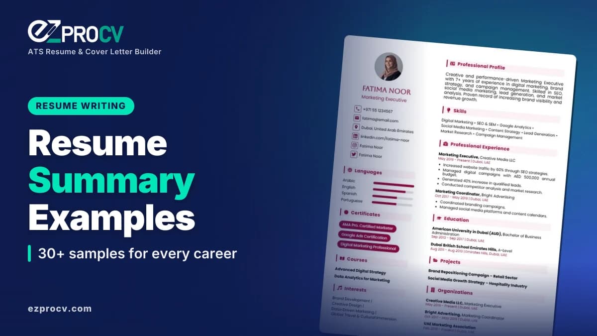 Resume Summary Examples: 30+ samples for every career, over a photo of an EZProCV resume template