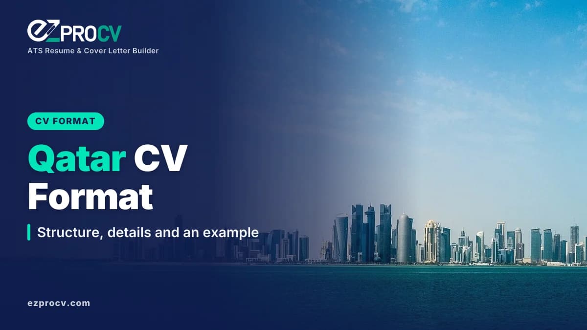 Qatar CV Format: Structure, details and an example, over a photo of the Doha West Bay skyline across the water