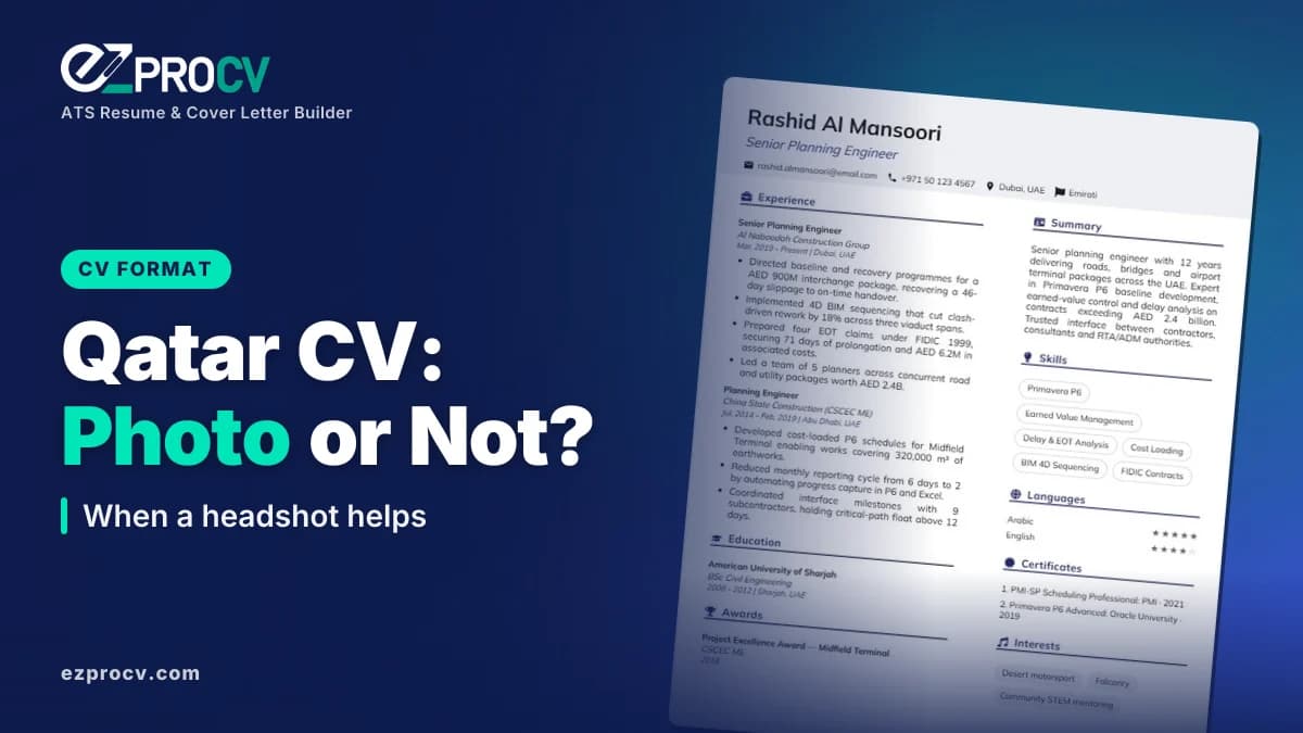 Qatar CV: Photo or Not?: When a headshot helps, over a photo of an EZProCV resume template