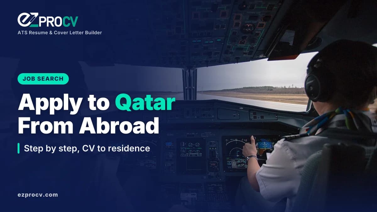 Apply to Qatar From Abroad: Step by step, CV to residence, over a photo of two pilots in an airliner cockpit during take-off