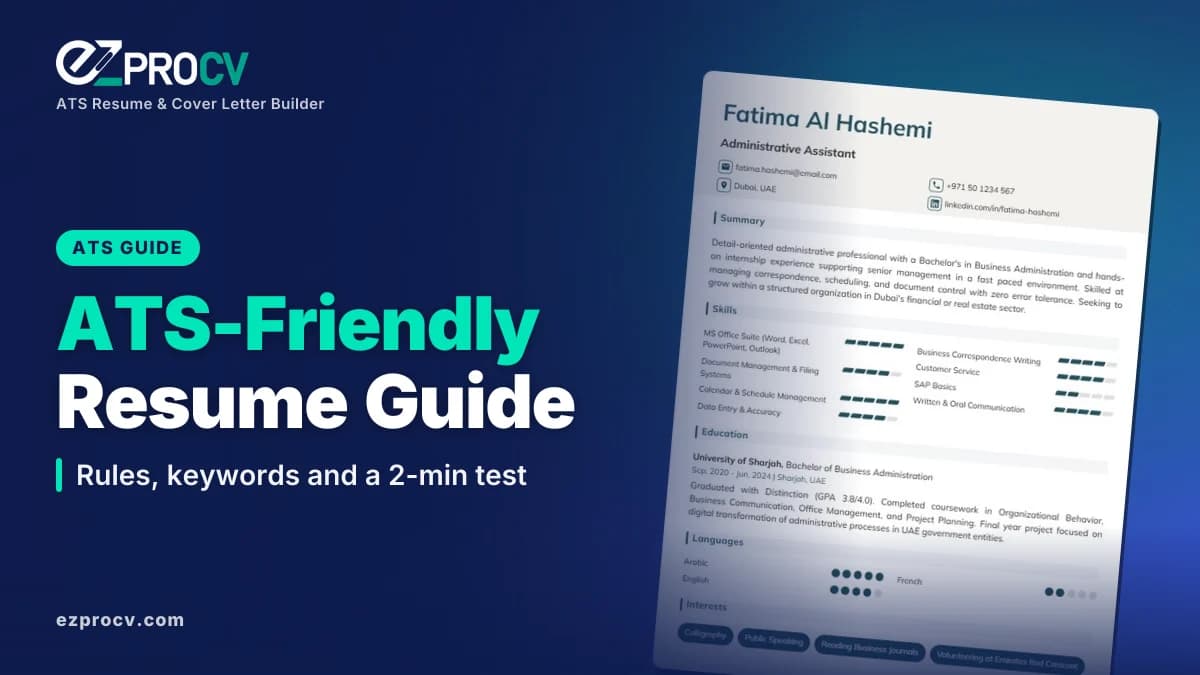 ATS-Friendly Resume Guide: Rules, keywords and a 2-min test, over a photo of an EZProCV resume template