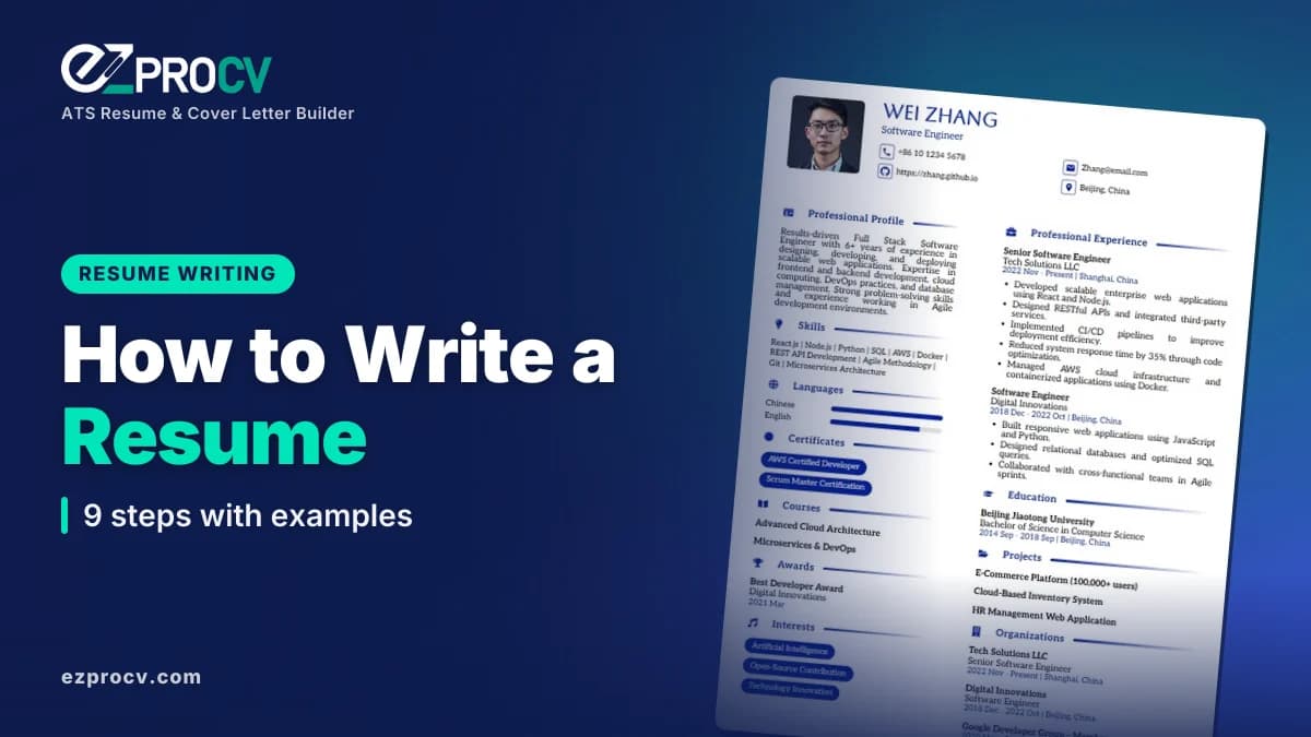 How to Write a Resume: 9 steps with examples, over a photo of an EZProCV resume template