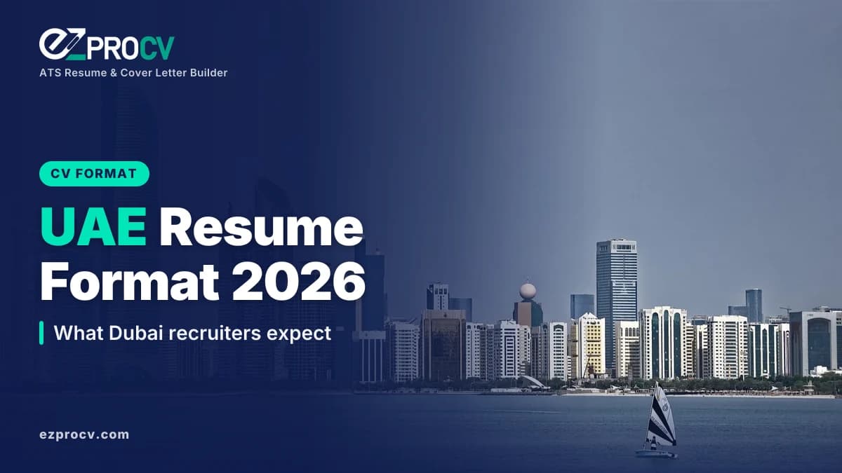 UAE Resume Format 2026: What Dubai recruiters expect, over a photo of the Abu Dhabi skyline across the water