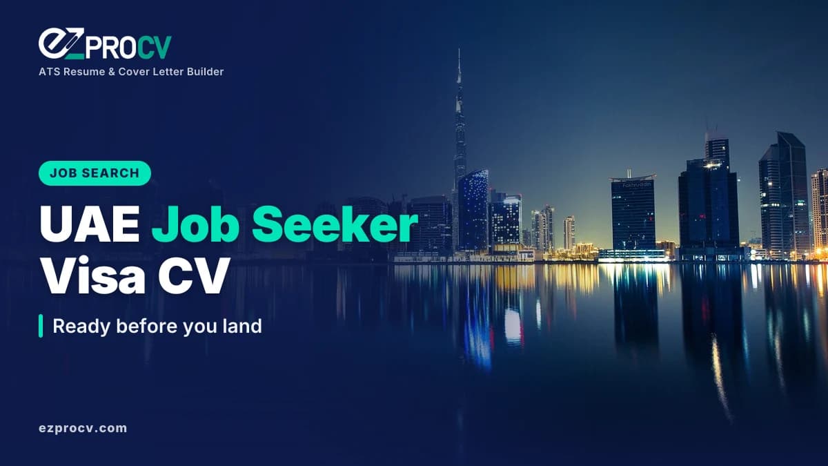 UAE Job Seeker Visa CV: Ready before you land, over a photo of the Dubai skyline with Burj Khalifa at night