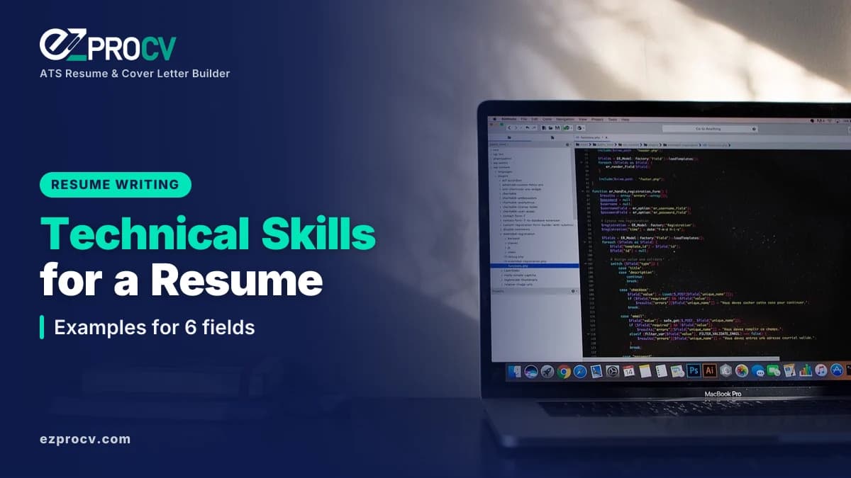 Technical Skills for a Resume: Examples for 6 fields, over a photo of a laptop showing code on a minimal desk
